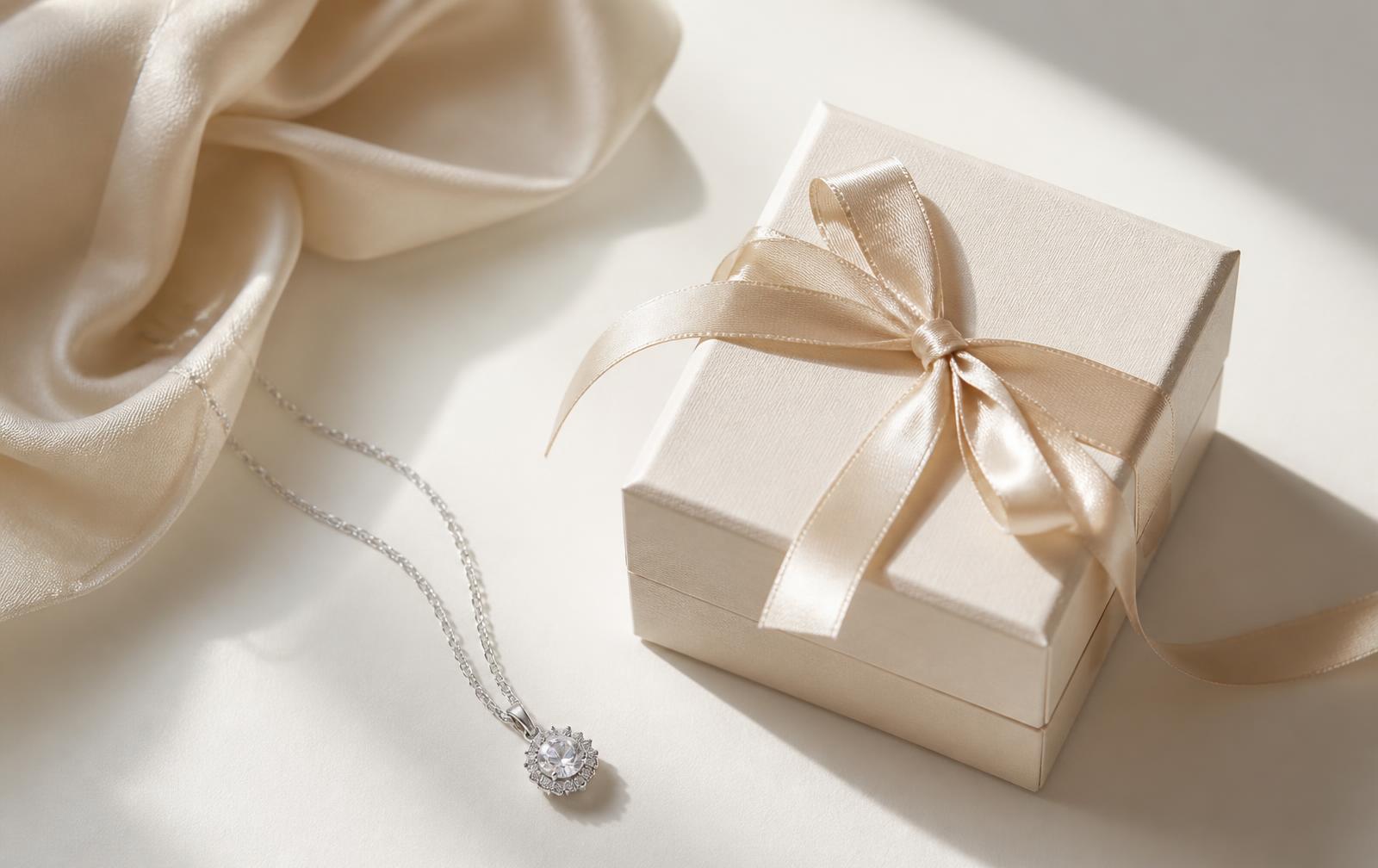 Ivory jewelry gift box with champagne silk ribbon and a silver pendant necklace